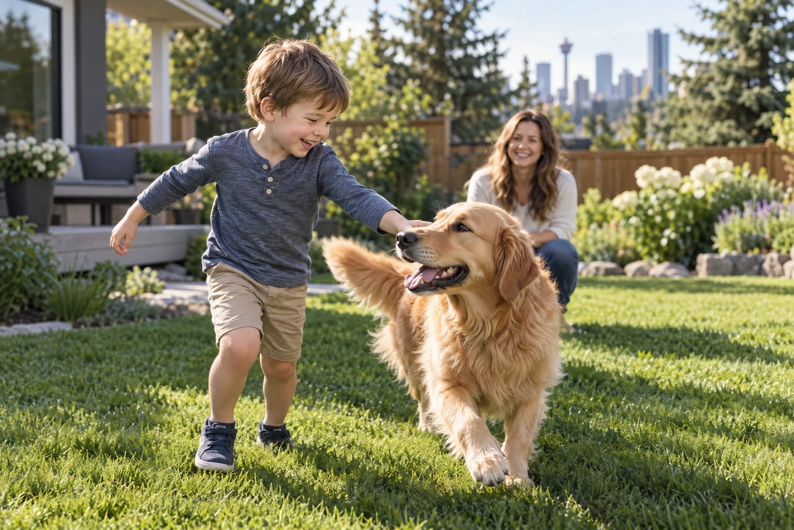 Family and their dog relaxing on a healthy, treated backyard lawn
